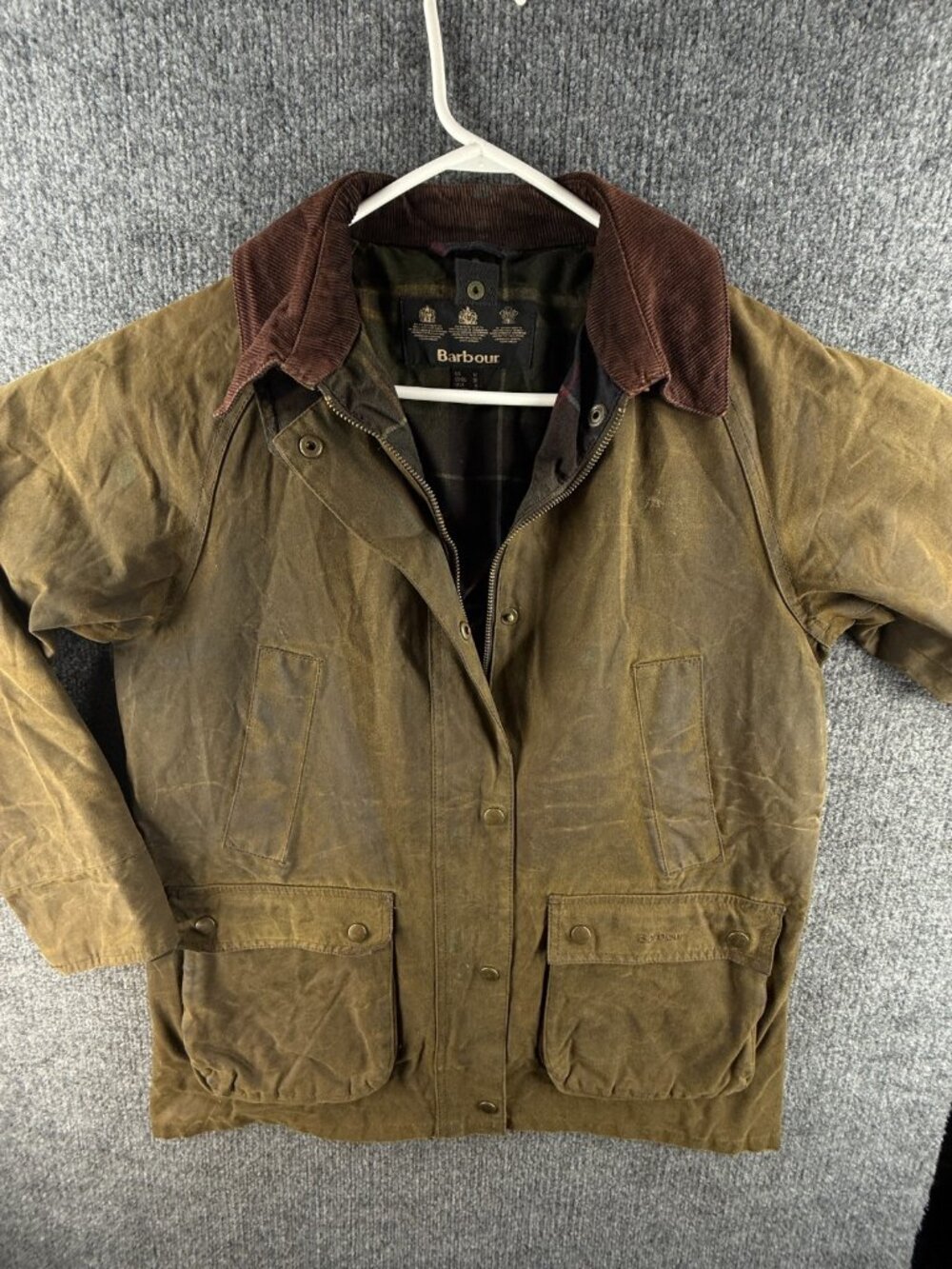Barbour Acorn Waxed Jacket Women Full Zip Size 8 US Brown Green Lined Outdoors